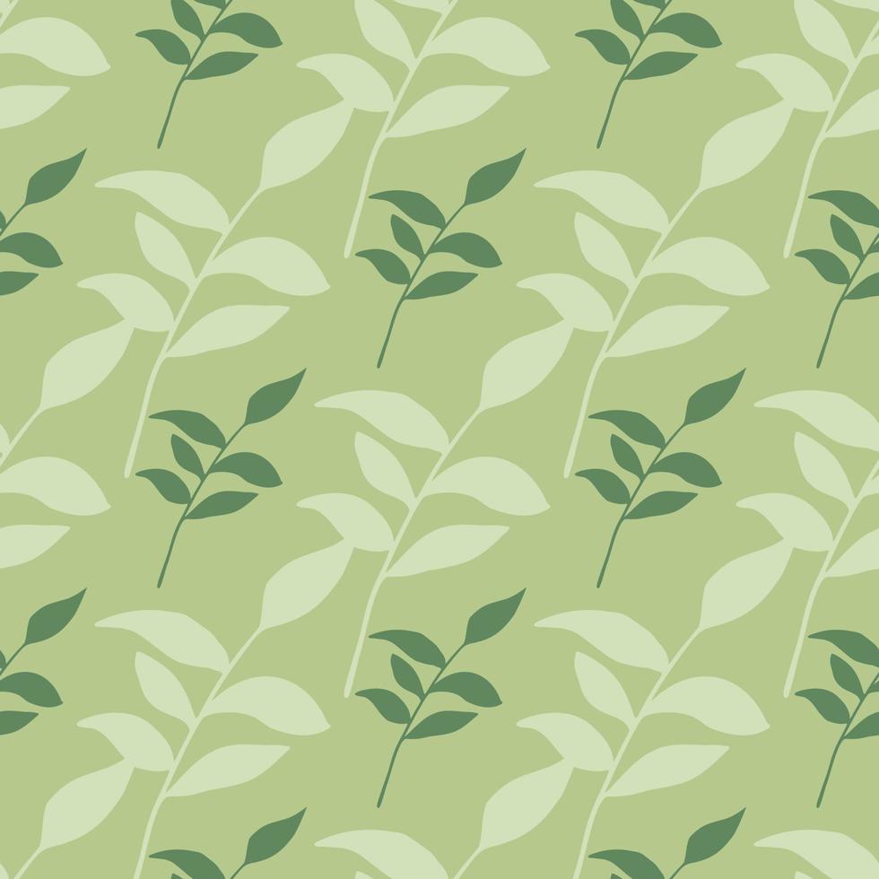 hoja siluetas vintage patrón de garabato sin costuras. fondo verde pastel. ilustraciones florales simples. vector