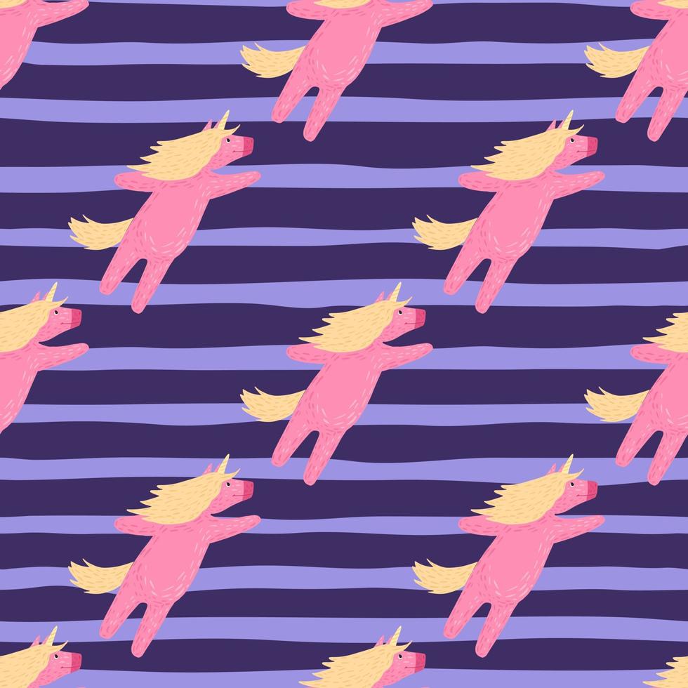 Magic animal seamless doodle pattern with pink unicorn ornament. Purple striped background. vector