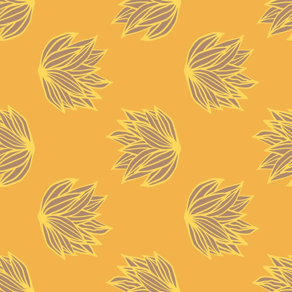 Seamless doodle pattern with foliage outline ornament. Orange background. Summer botanic print. vector