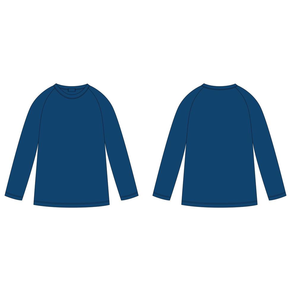 Technical sketch navy blue color raglan sweatshirt. Childrens wear jumper design template. Front and back view. vector