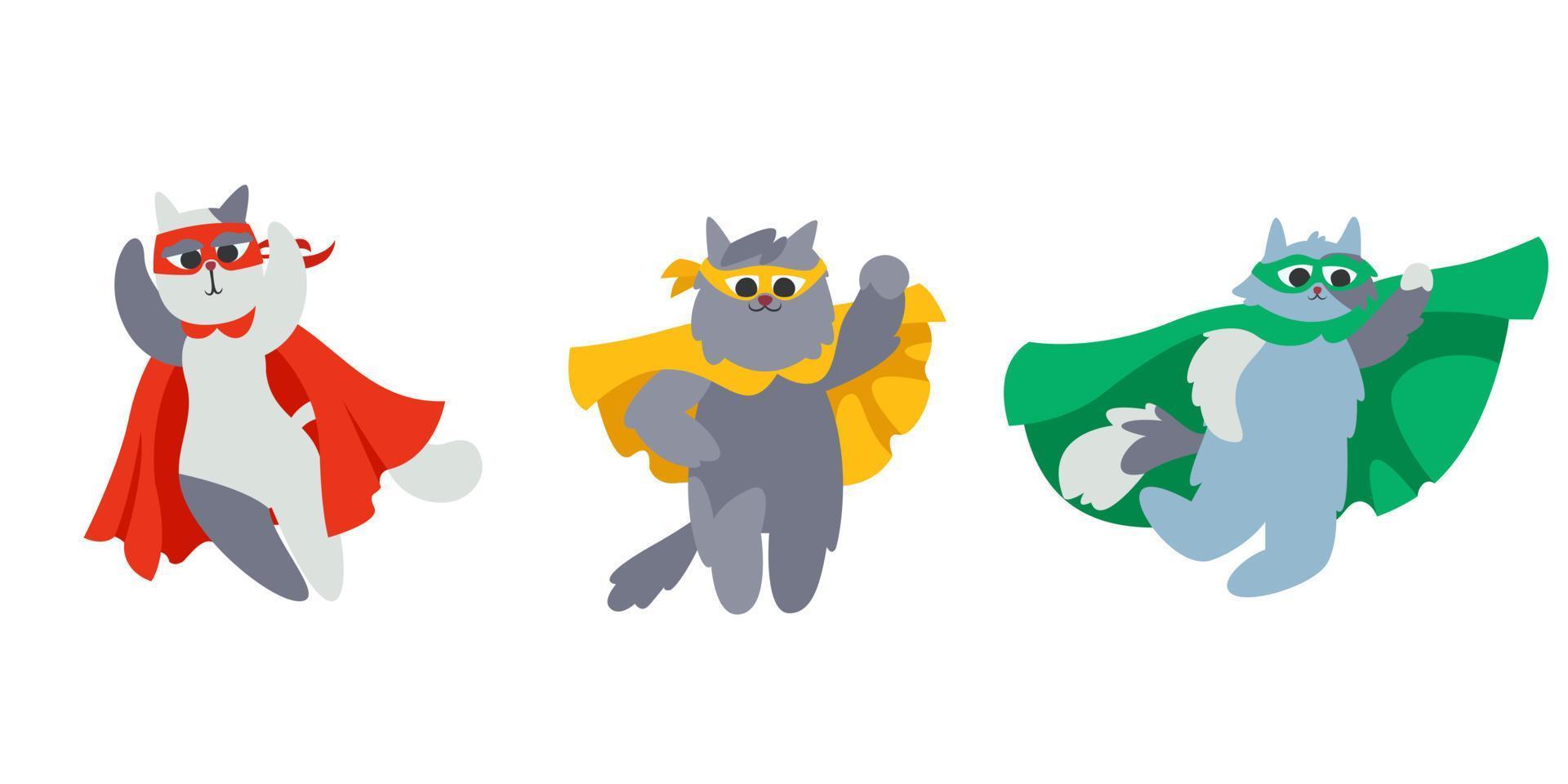 Set of different superhero cats. Fictional characters in cartoon style vector