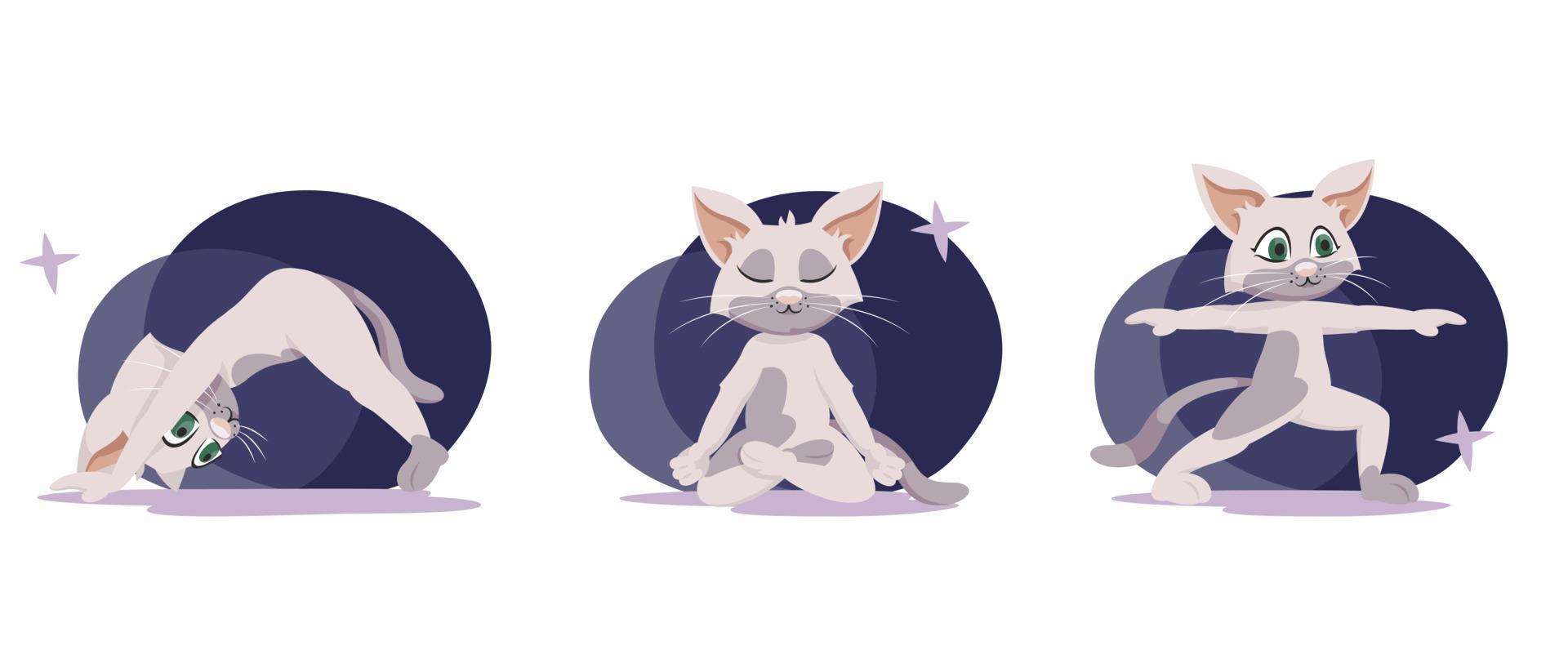 Cat in different yoga poses. Anthropomorphic animal in cartoon style vector