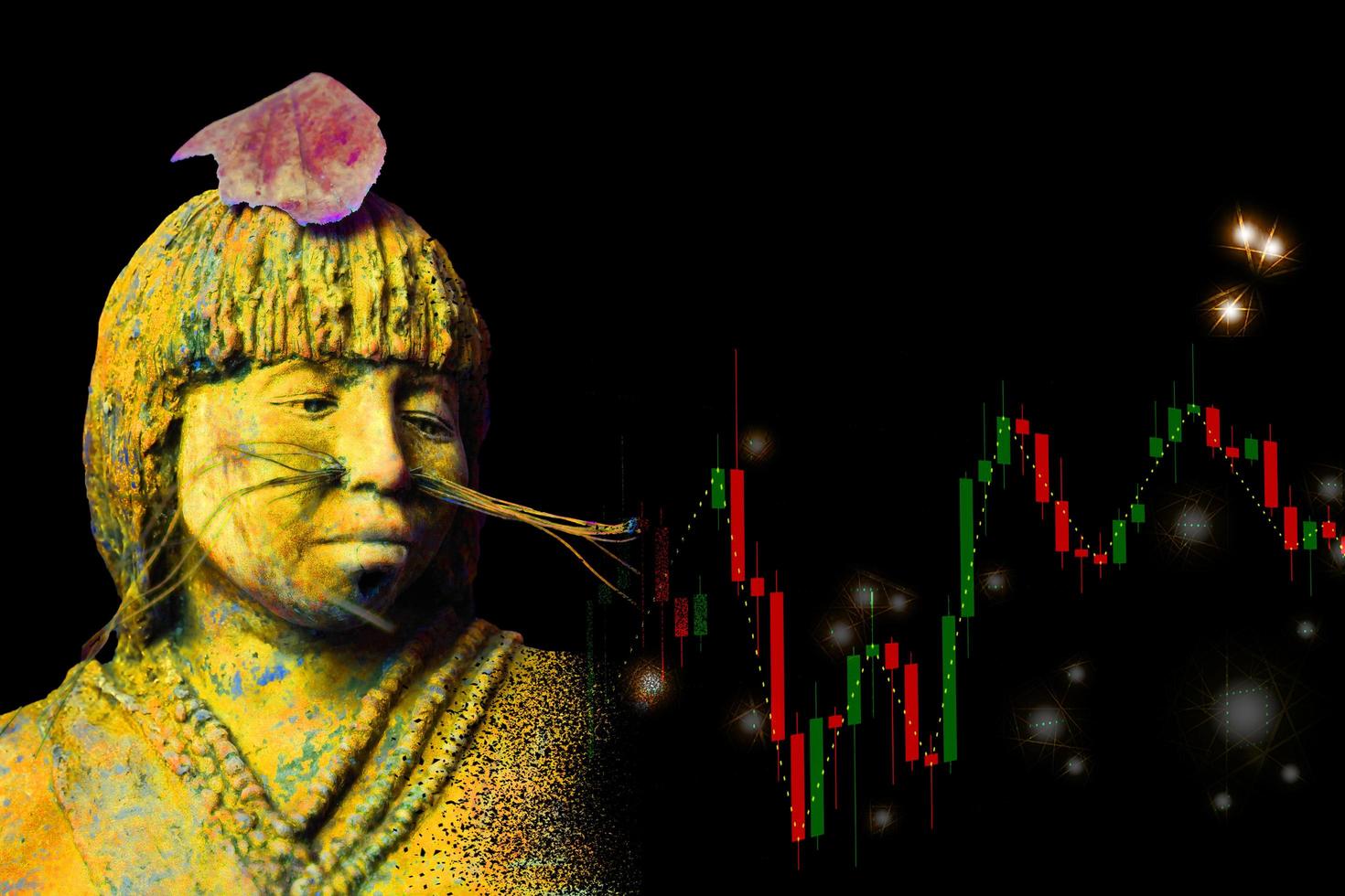 yellow maja sculpture and a colorful chart from the market such as little network points with black photo