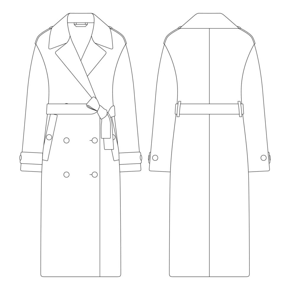 Template women double breasted trench coat vector illustration flat design outline clothing collection outerwear