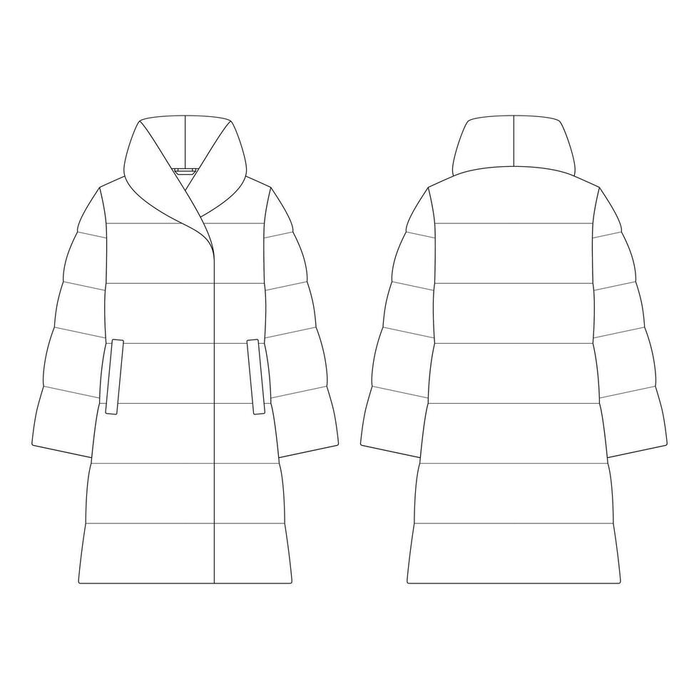 plantilla mujer polvo abajo abrigo vector ilustración diseño plano contorno ropa colección prendas de vestir exteriores