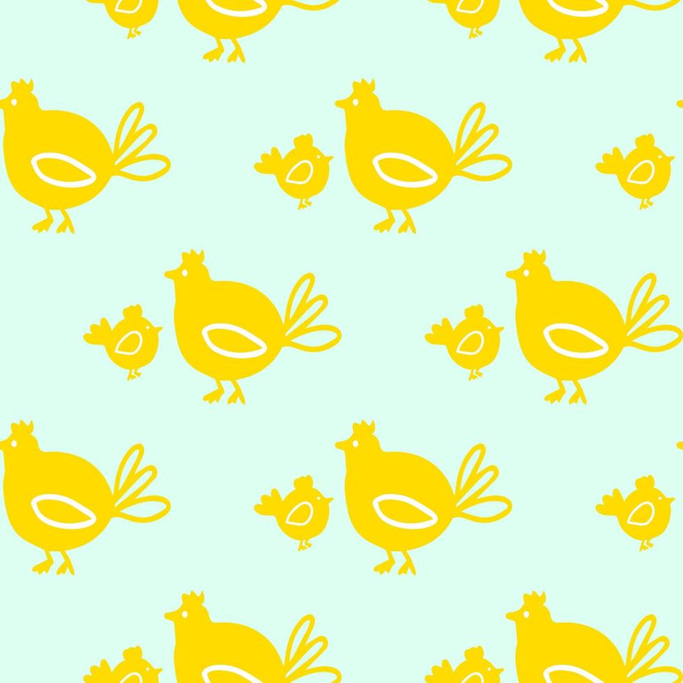 Vector Seamless pattern Chickens bird yellow color on blue background