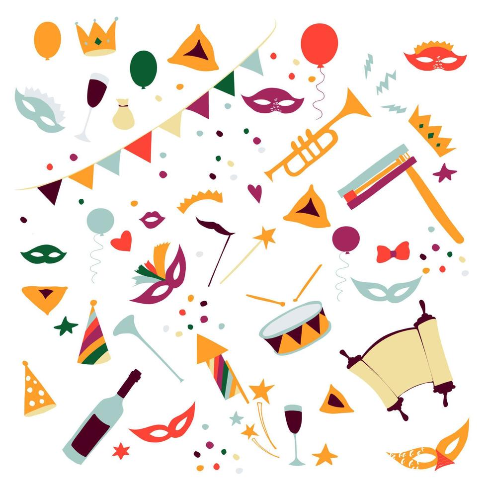 Vector illustration Happy Purim carnival set of design elements.