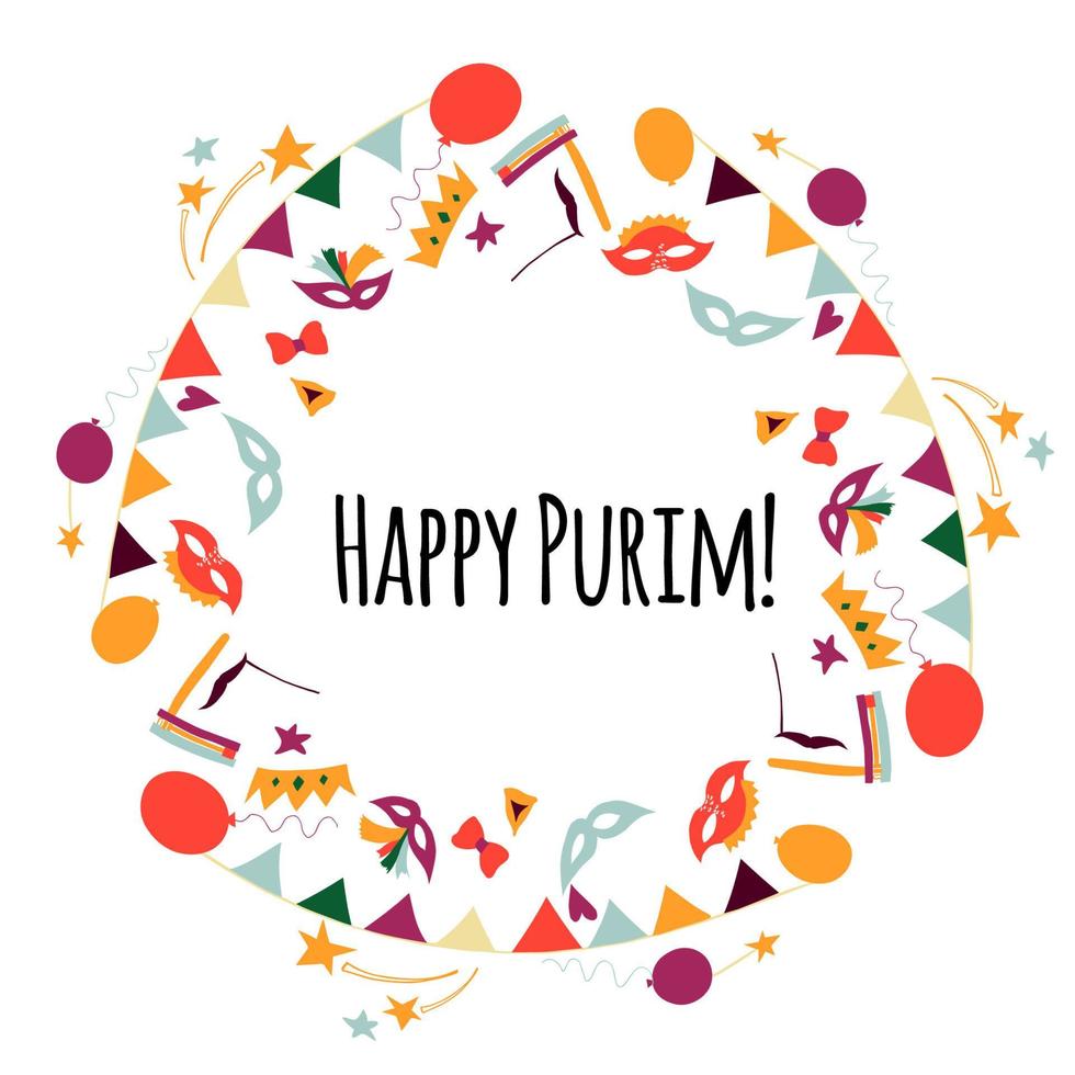 Vector illustration Happy Purim carnival. Frame in the form of a wreath.