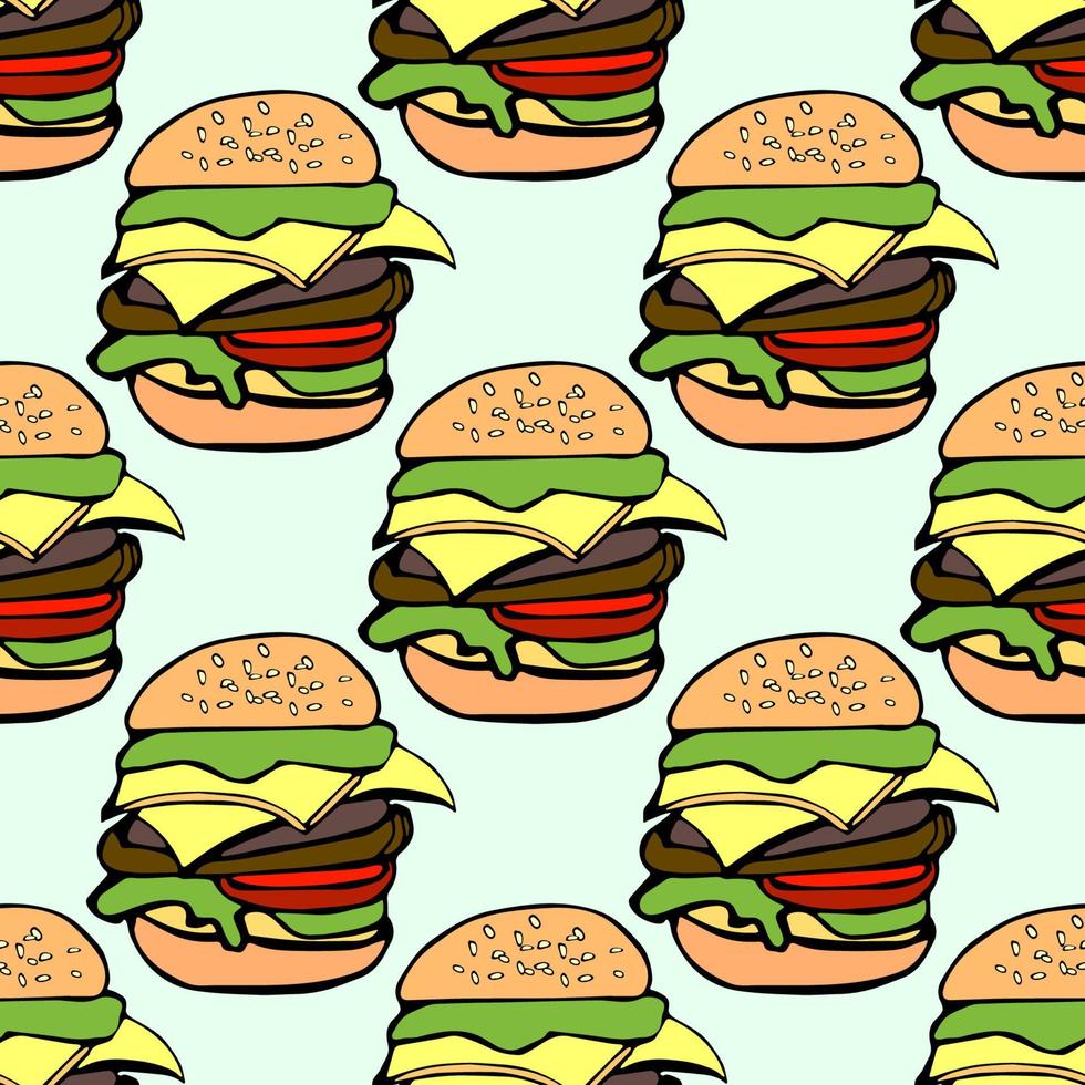 Seamless pattern vector illustration a hamburgers in cartoon style on light green background