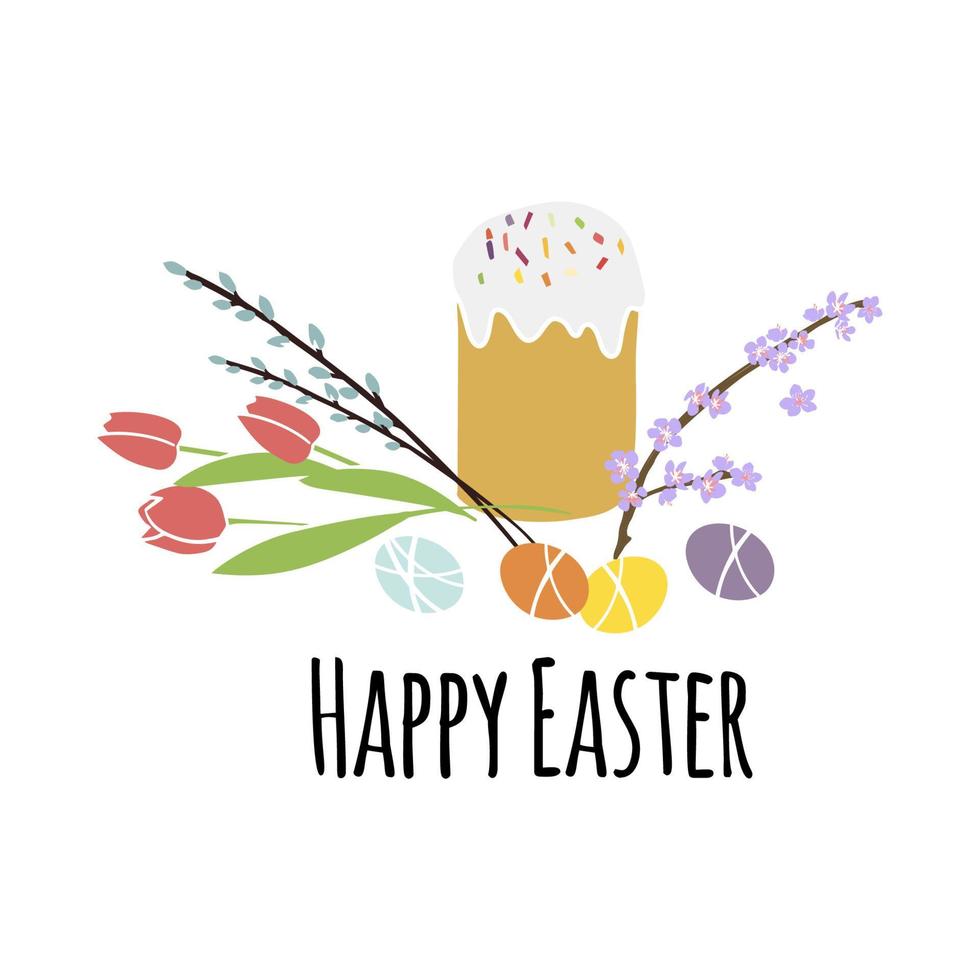 Vector illustration Easter with Easter traditional symbols collection- Easter cake and egg, spring flowers Happy Easter greeting card in pastel color on white
