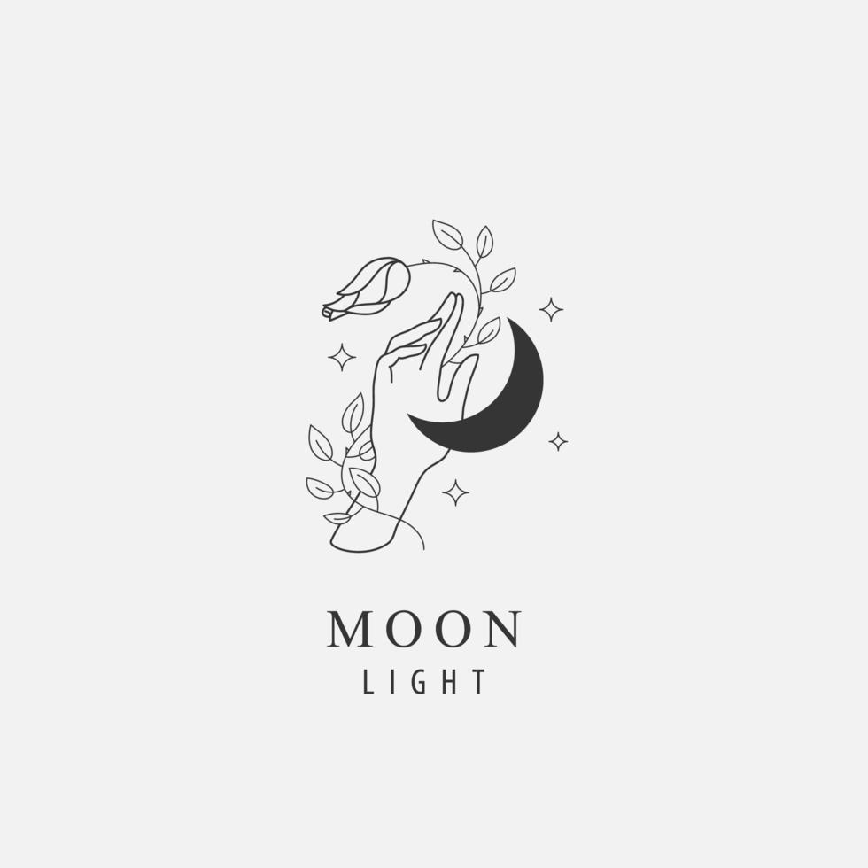 Vector abstract logo - hand holding moon, stars and rose. Linear minimal style abstract symbol for astrology, esoterics, etc