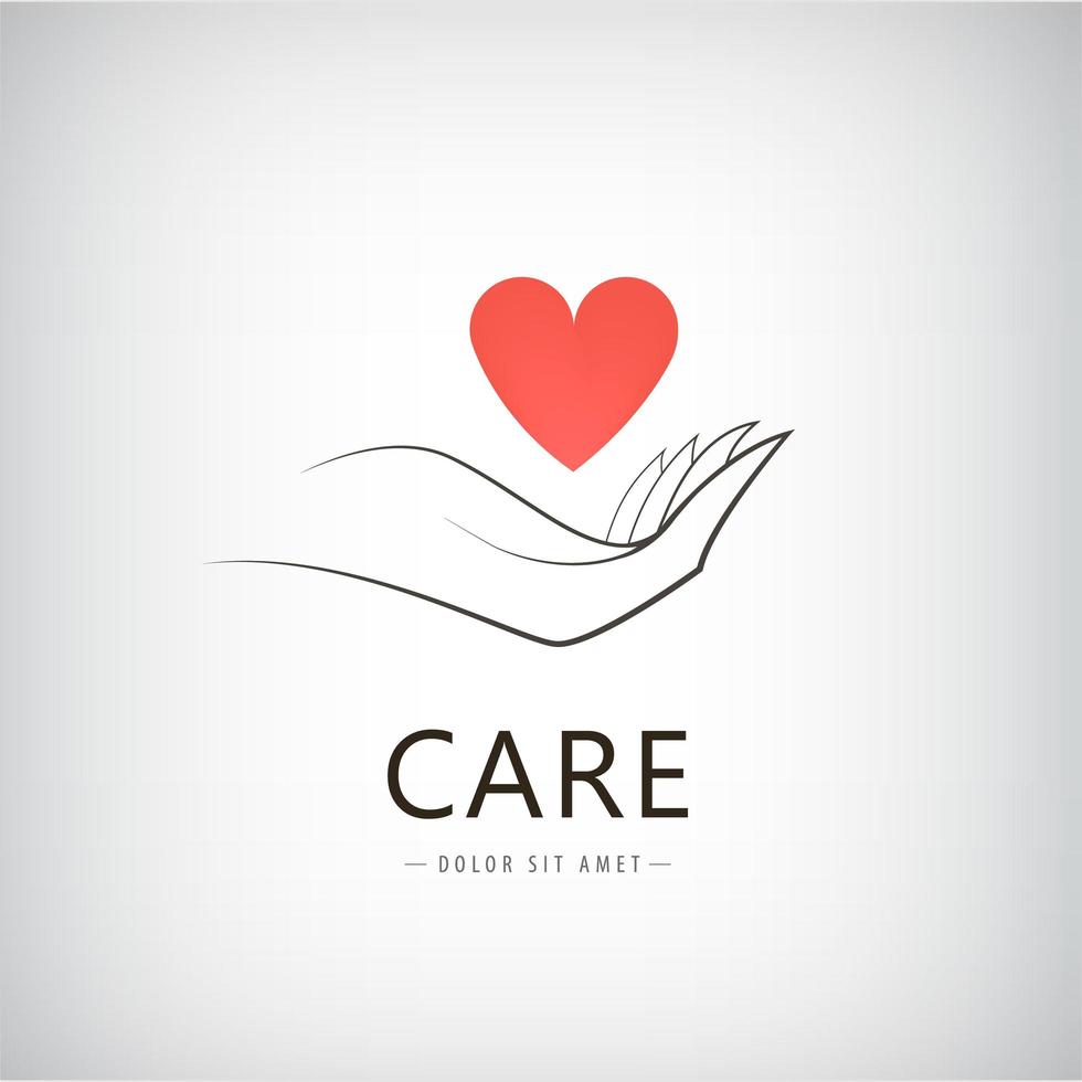 Vector charity, medical, care, help logo, icon with line hand holding red heart.