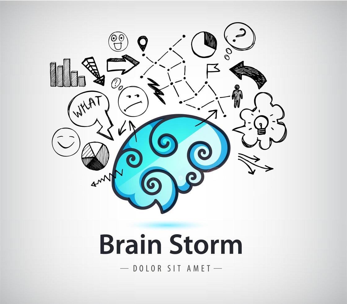 Vector rainstorming creative idea logo, brain icon with doodle hand drawn charts, faces, arrows. Innovation and solution, creative teamwork illustration