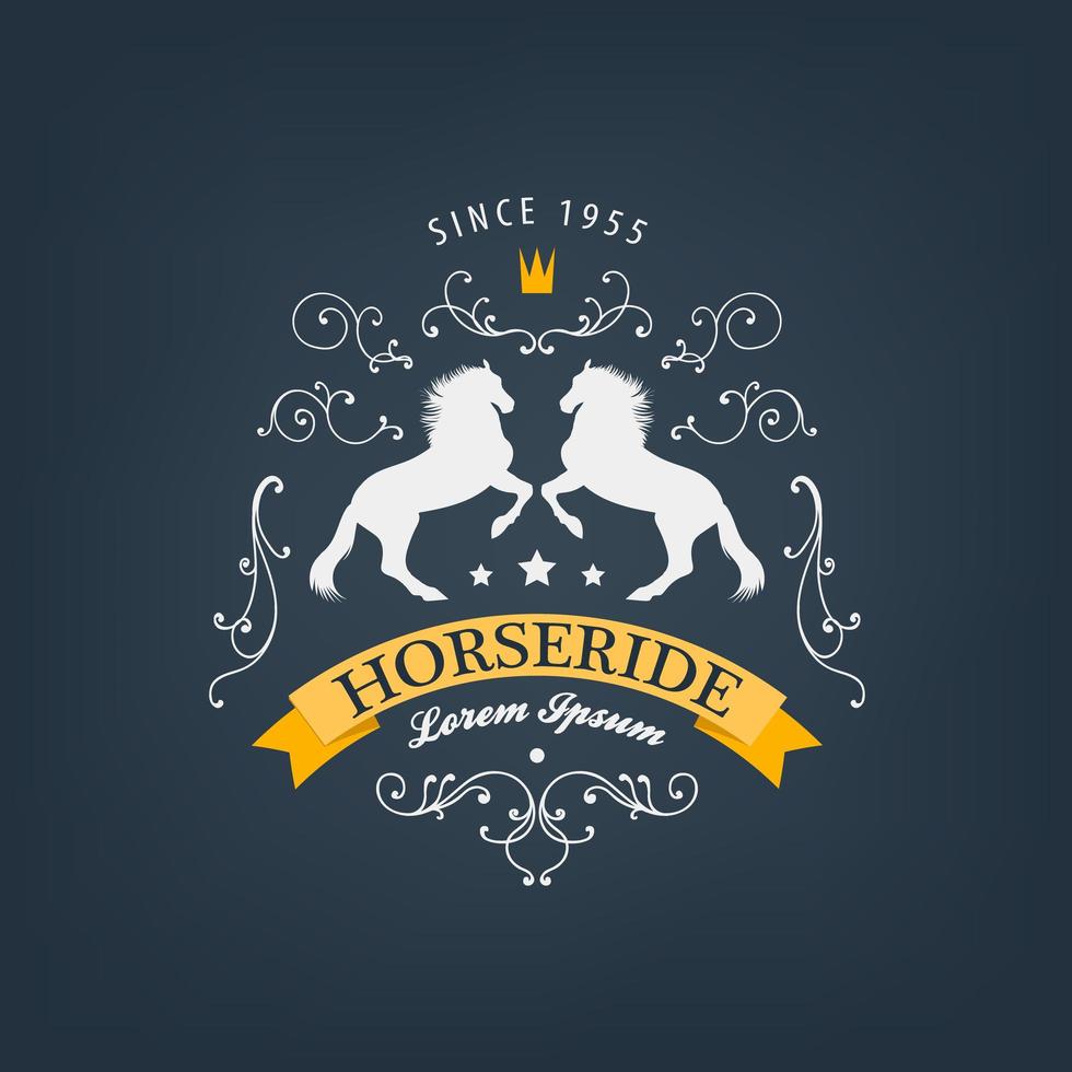 Vector horses logo, emblem. Vintage style with swirls and ribbon