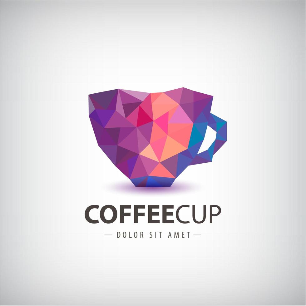 vector facetado, cristal, taza de colores 3d, café, logotipo de café, icono aislado.