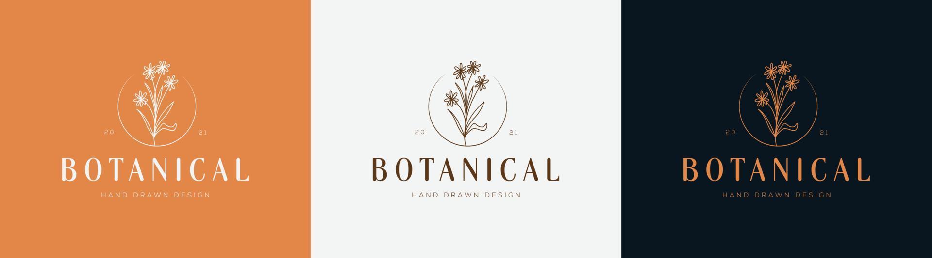 Botanical Floral element Hand Drawn Logo with Wild Flower and Leaves. Logo for spa and beauty salon, boutique, organic shop, wedding, floral designer, interior, photography, cosmetic. vector