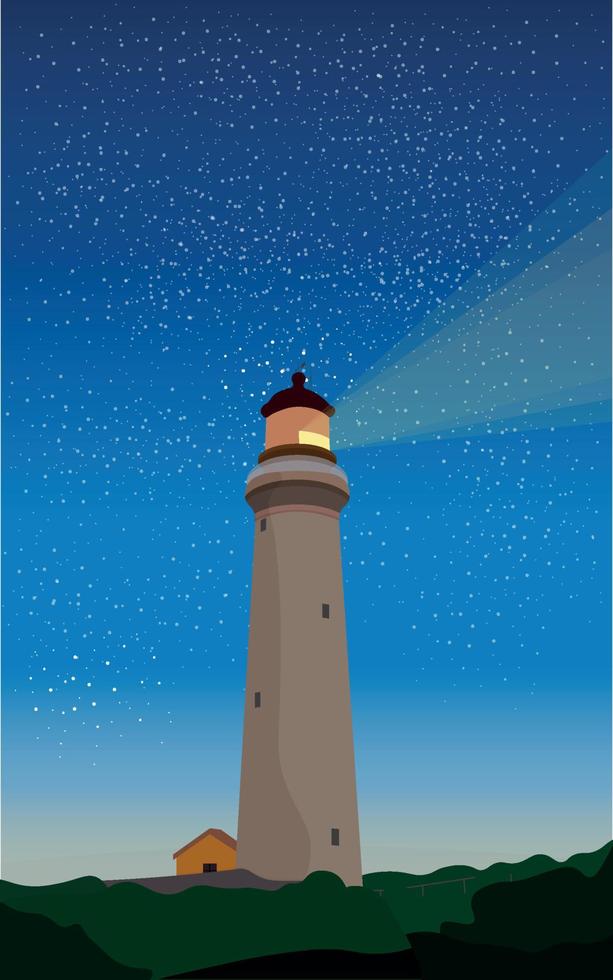 Dawn landscape with lighthouse in flat style. The lighthouse shines at night. Vector illustration