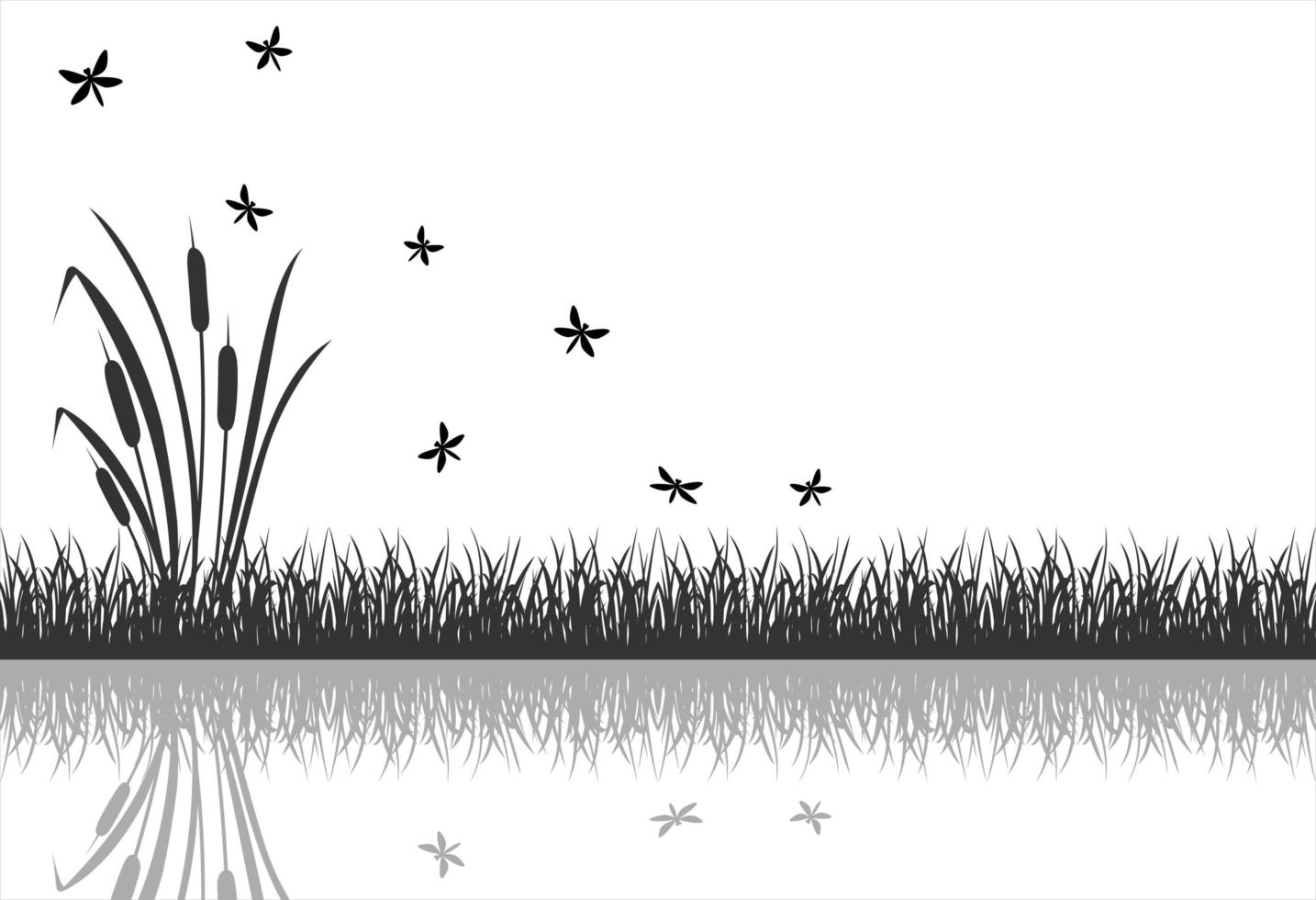 The black silhouette of marsh grass with flying insects, dragonflies is reflected in the water. vector