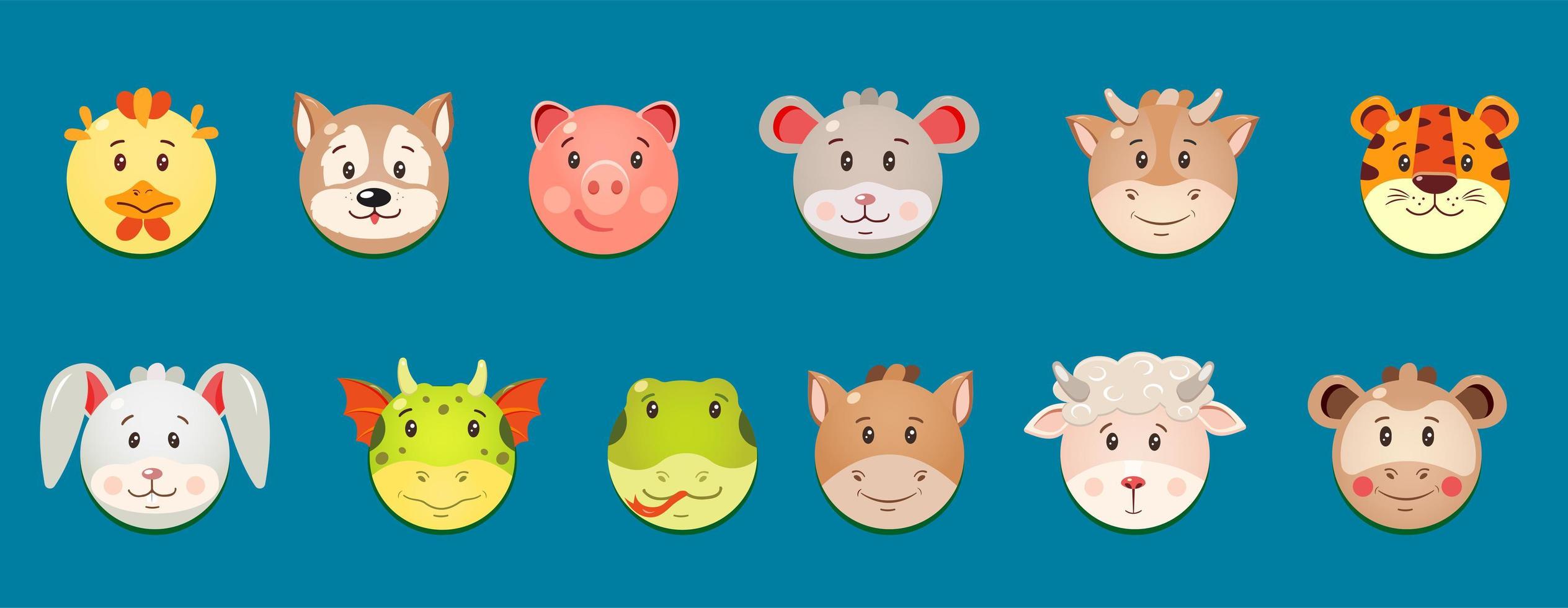 Round cute faces of Chinese horoscope animals in cartoon style. 5618018 Vector Art at Vecteezy Round cute faces of Chinese horoscope animals in cartoon style. 5618018 Vector Art at Vecteezy