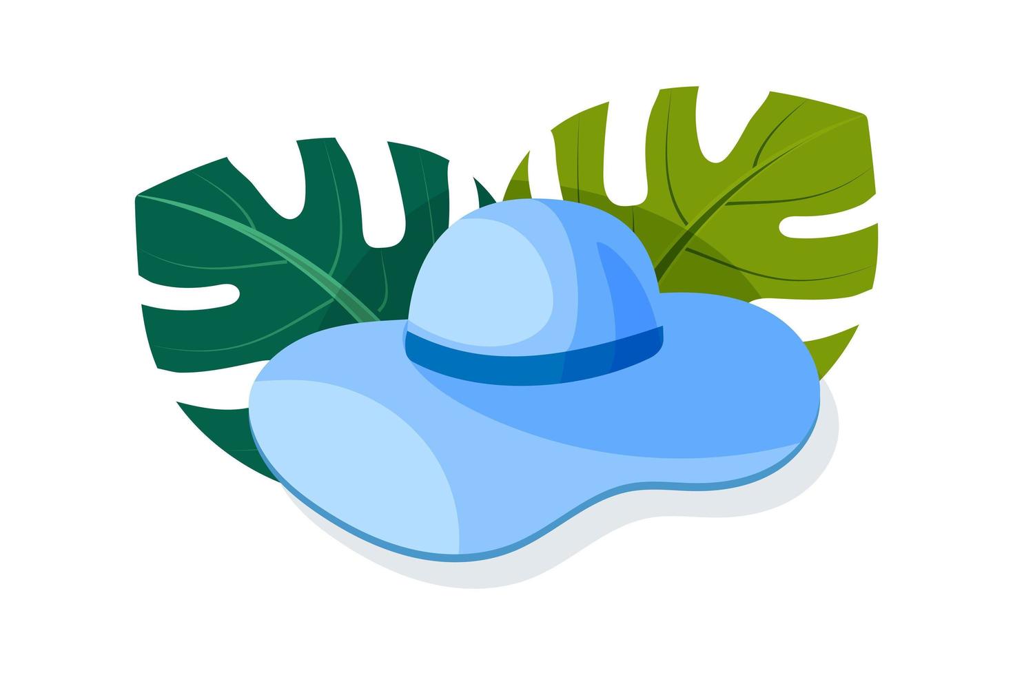 Sun hat, blue on a background of tropical monstera leaves. vector