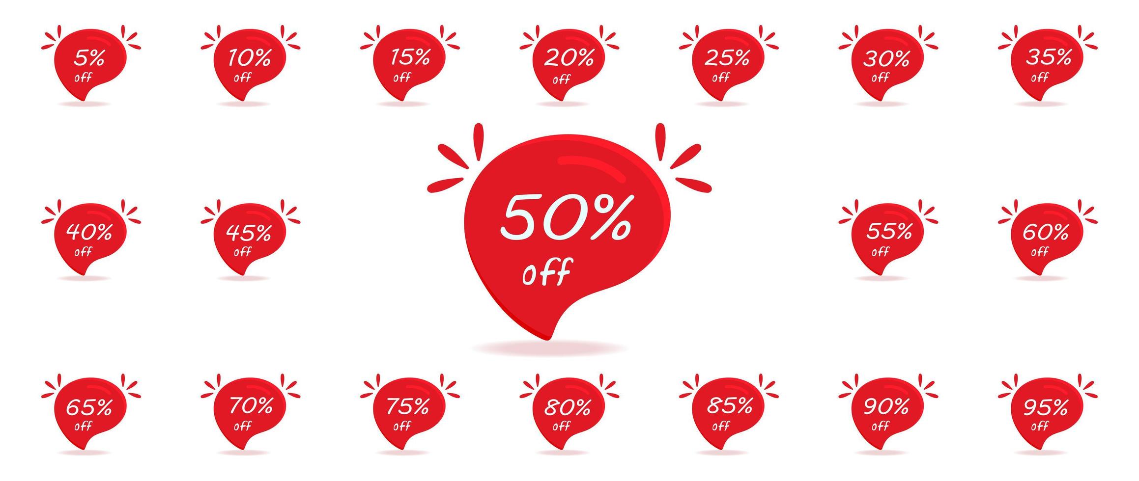 Sale price discount with different percentages on red speech bubble. vector