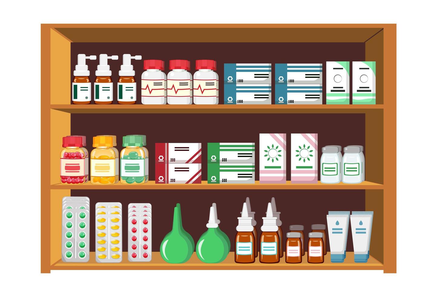 Pharmacy trade shelf with medicines in cartoon style vector