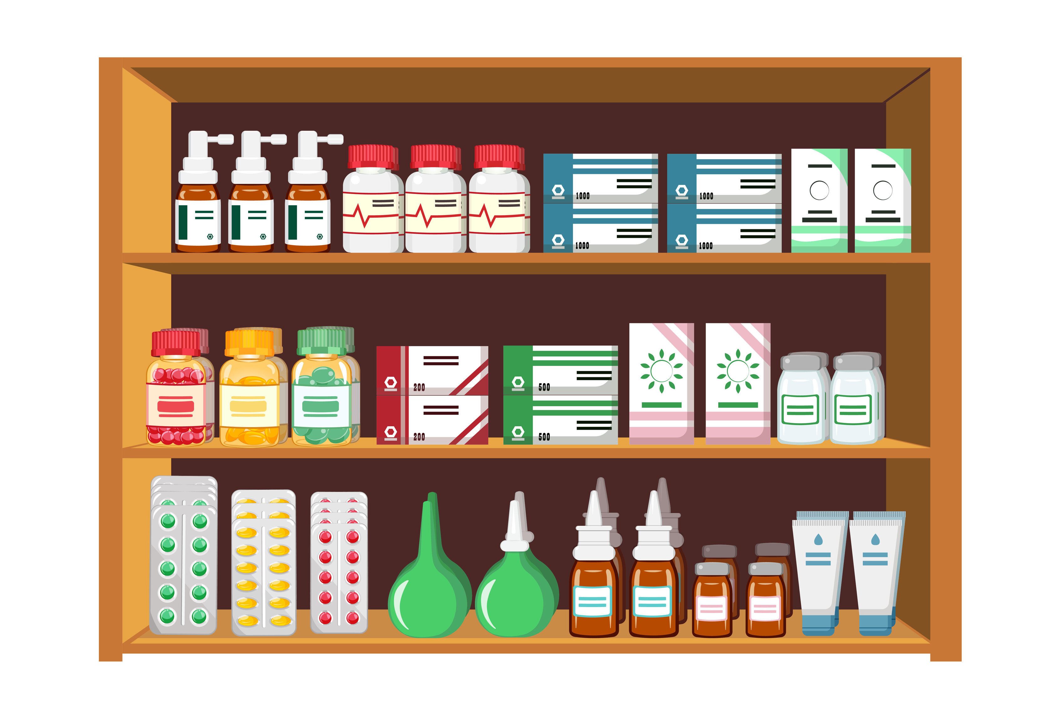 Pharmacy trade shelf with medicines in cartoon style 5618033 Vector Art ...