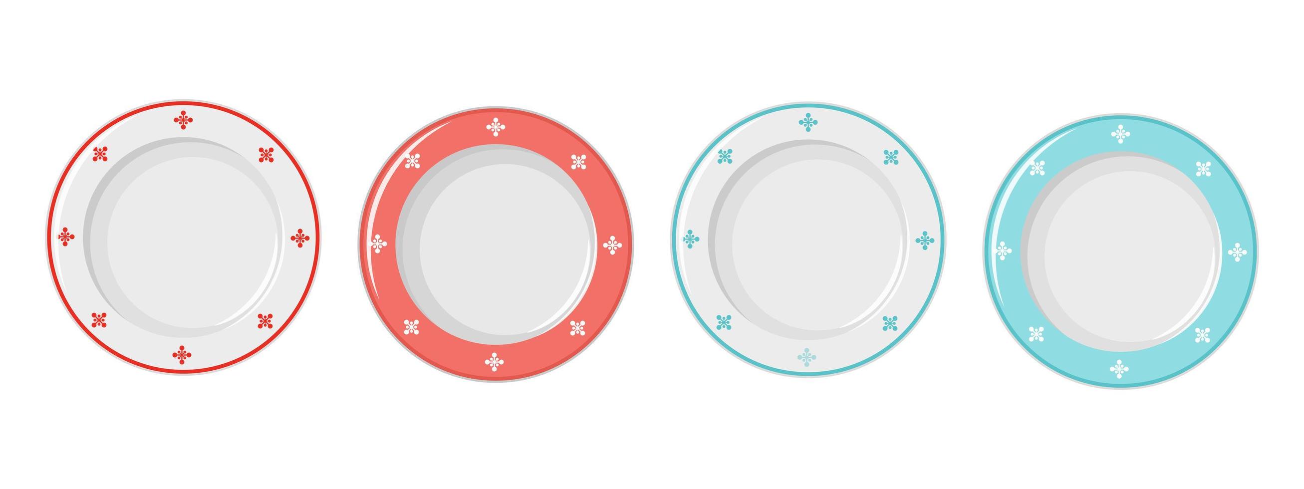 Empty plates with red, blue ornaments, decorated with snowflakes. vector