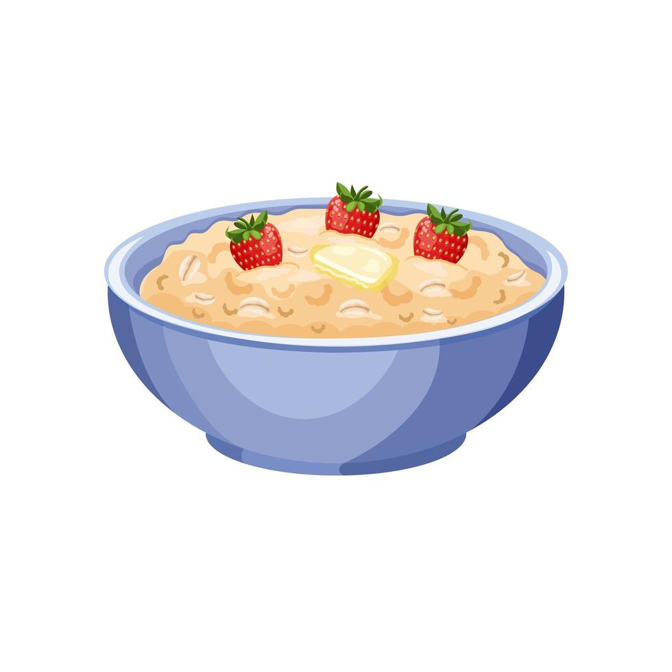 Oatmeal in a blue bowl with strawberries. vector