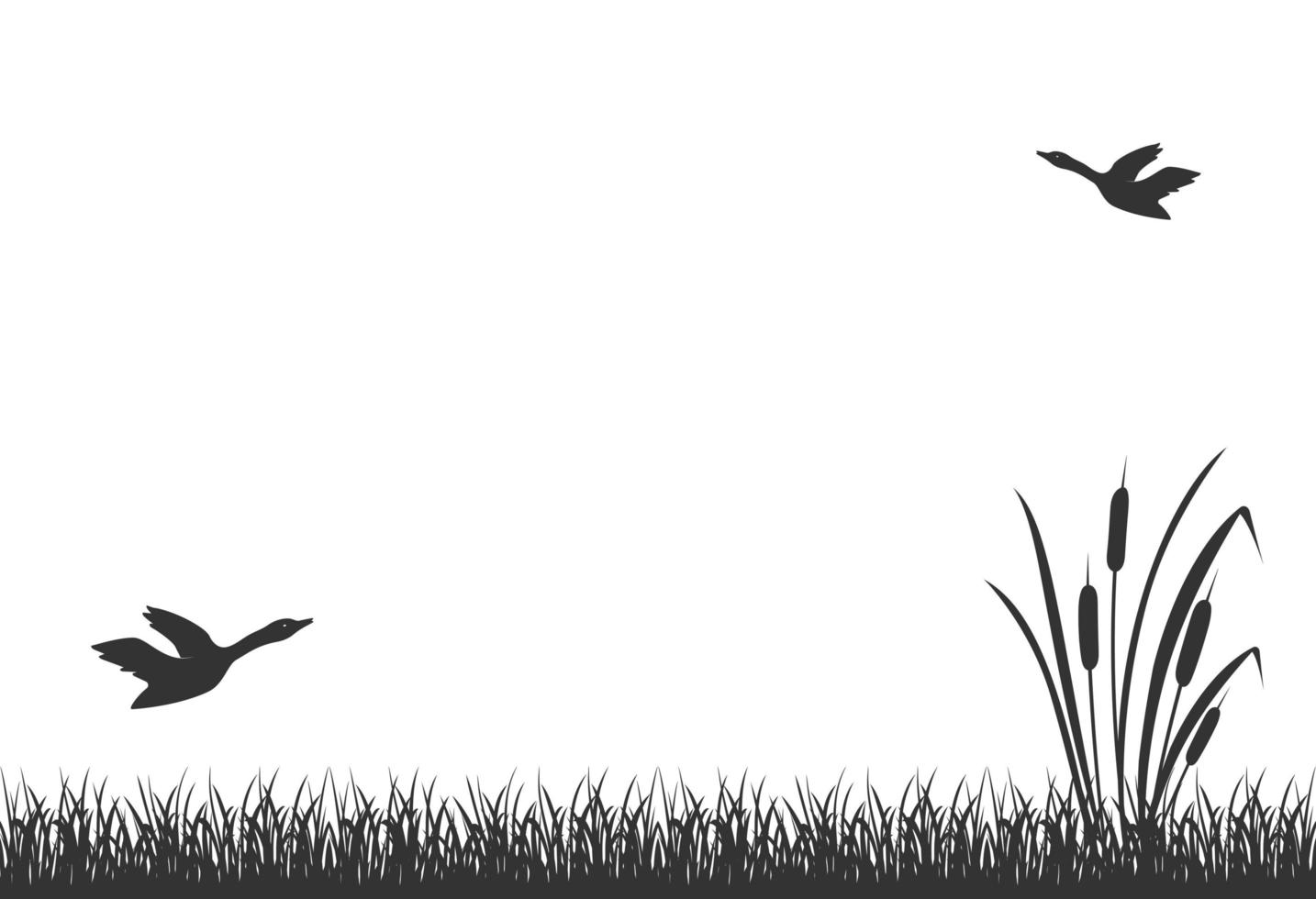 silueta negra de hierba pantanosa con juncos y patos voladores. caña del lago, fondo. vector