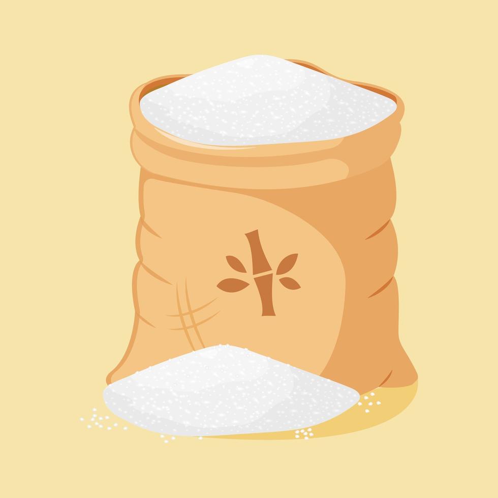 Cane sugar in an open canvas bag. A bunch of loose sugar. vector