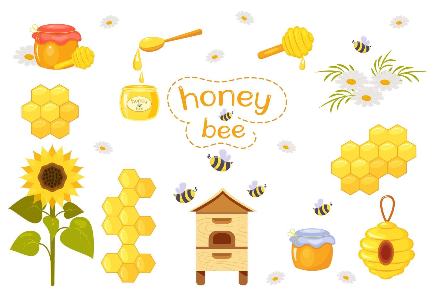 Set of vector pictures of beekeeping in cartoon style.