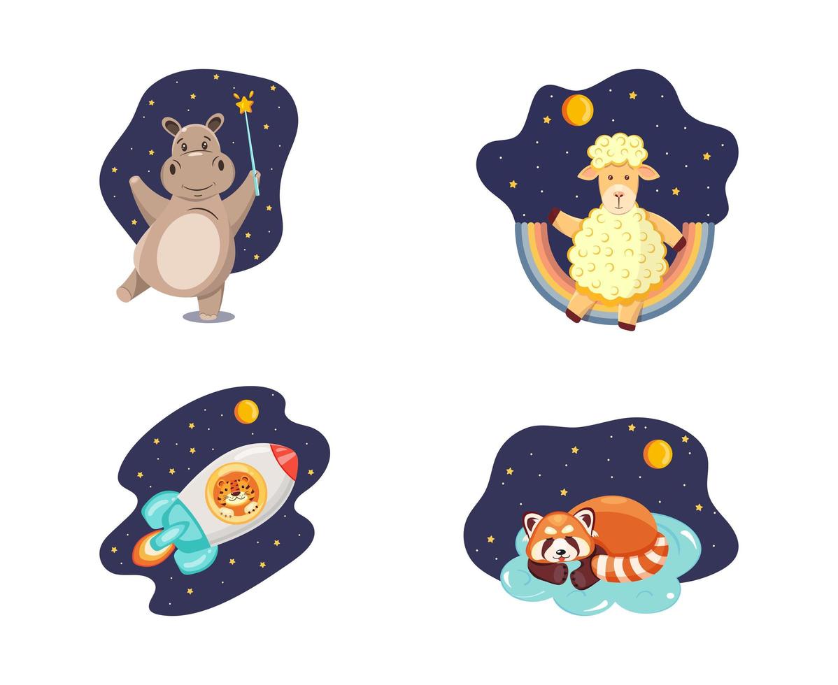 conjunto de ilustraciones vectoriales infantiles con animales de dibujos animados salvajes en el fondo del cielo nocturno estrellado. vector