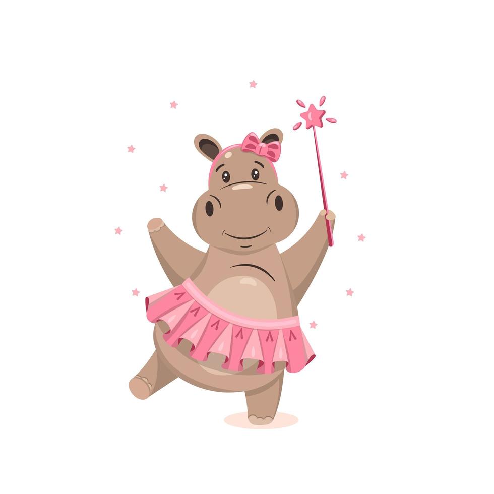 Cute hippo in a pink skirt with a magic wand and stars. vector