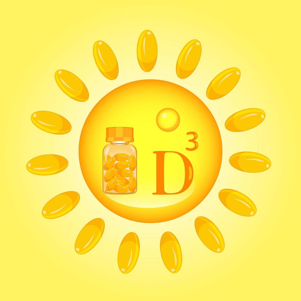 afiche vectorial de vitamina d 3 naranja brillante en un círculo solar. vector