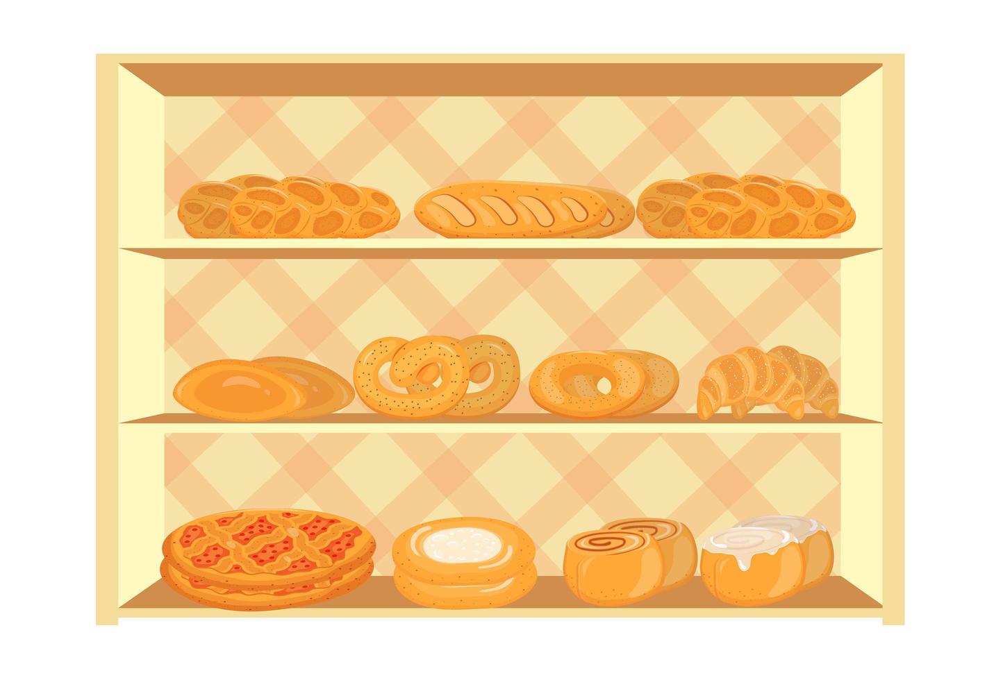 Showcase with bakery products in a supermarket. vector