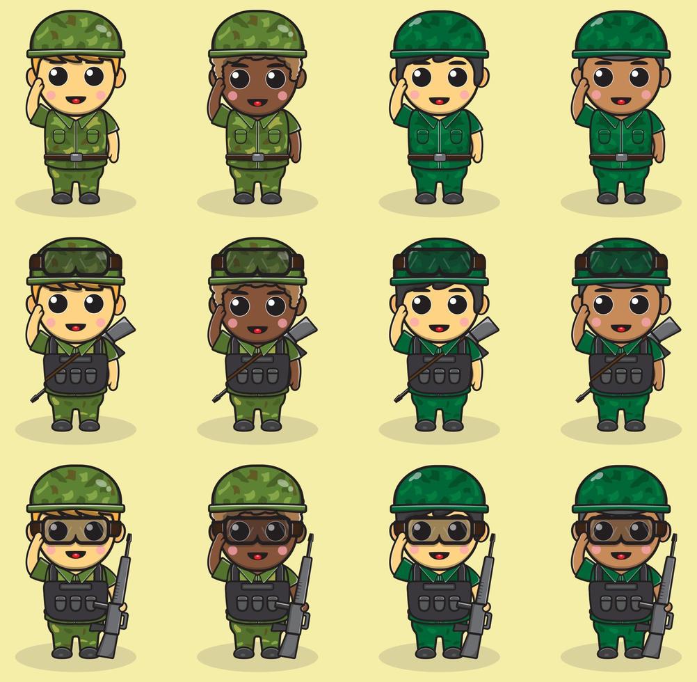 ilustración vectorial del paquete de dibujos animados del ejército de niño lindo con pose de saludo vector