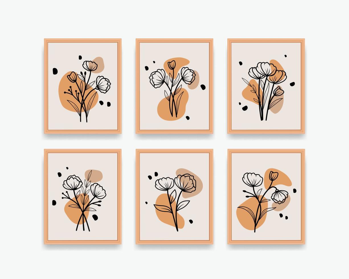 Minimal hand drawn abstract flowers and leaves line art poster for wall decoration vector