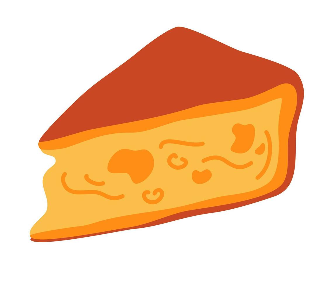 Cut cheese piece. Cut into triangles and slices of delicious cheese. Triangular piece of fresh yellow cheese in cartoon flat style. Vector illustration of dairy farm product. Icon.