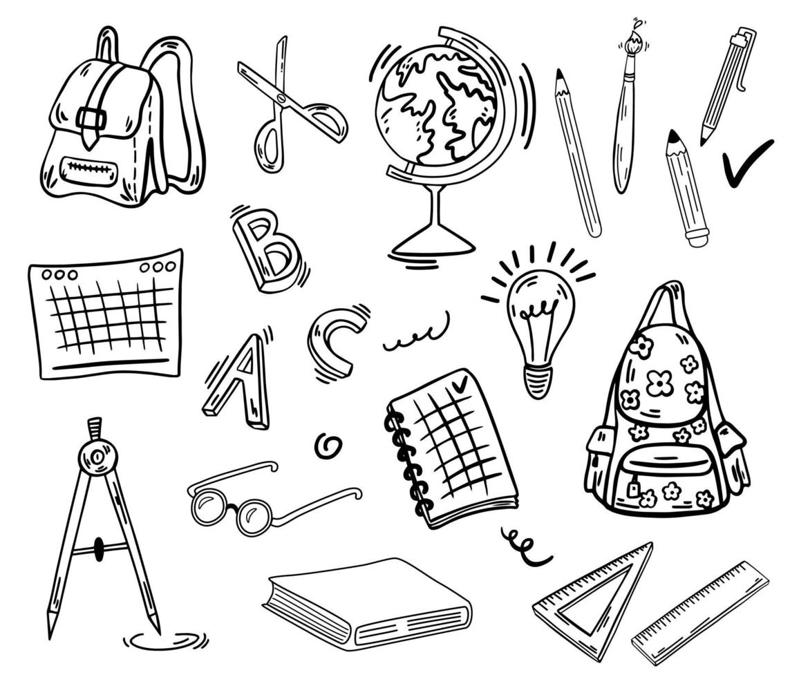 School supplies set. Back to school. Globe, textbooks, pencils, notebooks, letters, compasses and backpacks. Good for wrapping paper and website wallpapers. Hand Drawn Doodle Vector illustration.