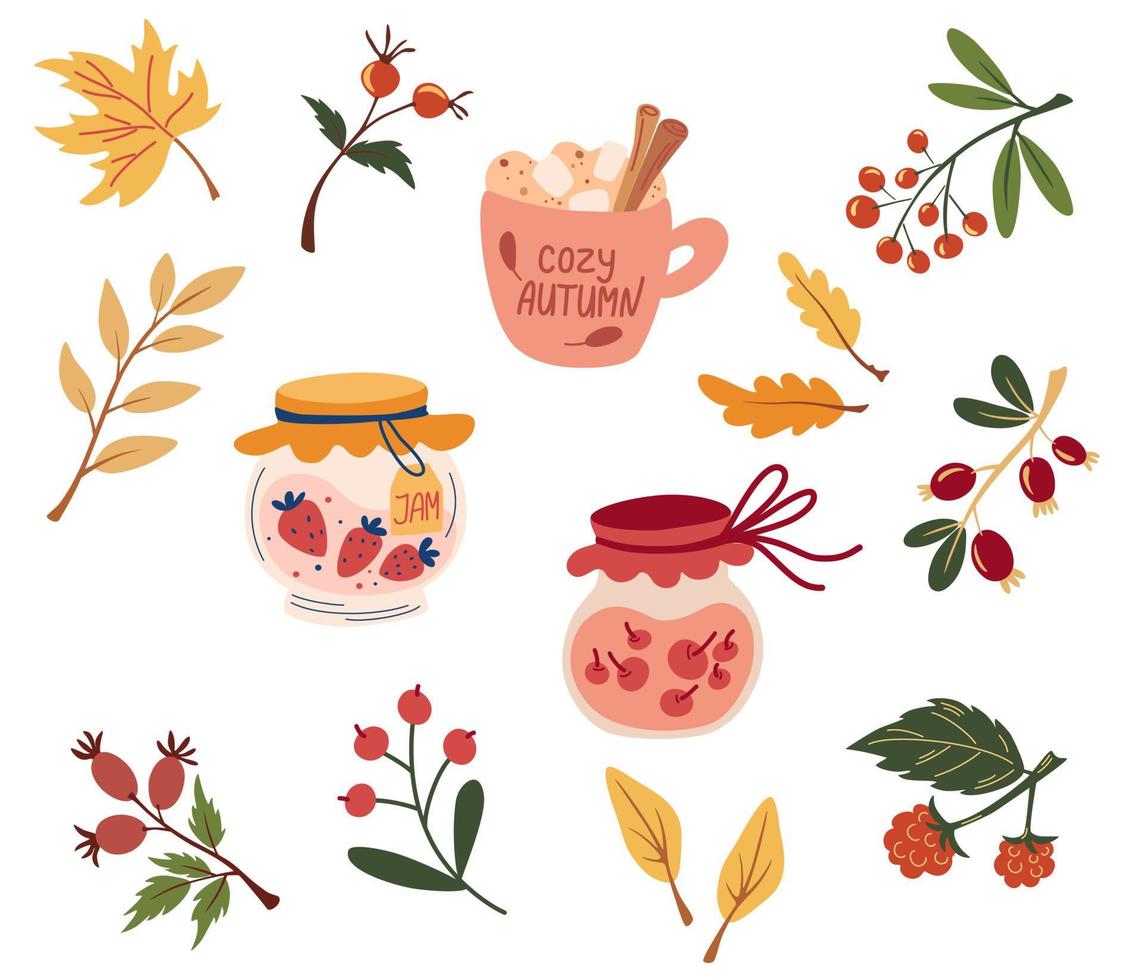 conjunto de otoño. mermelada, bayas, hojas. alimentos y bebidas de temporada. acogedor otoño. dibujo a mano de dibujos animados ilustración vectorial. vector