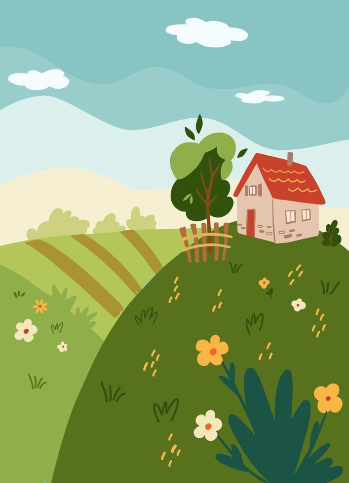 paisaje primaveral. hermoso paisaje rural con una casa, campos y flores. antecedentes para pancartas, tarjetas de felicitación, afiches y publicidad. ilustración de dibujos animados vectoriales. vector