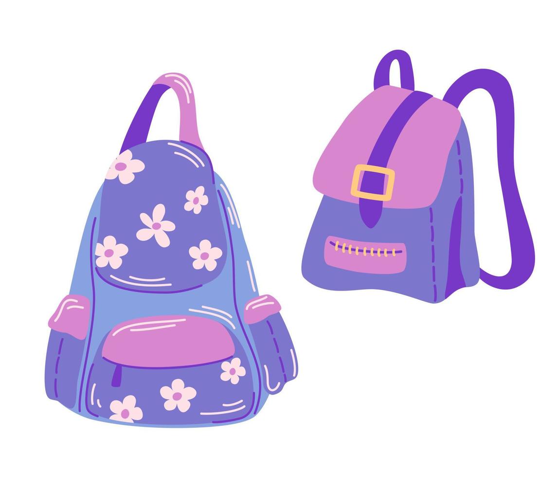 School briefcase. Back to school . Beautiful schoolbag for textbooks with flowers. Childrens subjects for study. Vector illustration in a flat style on a white background.