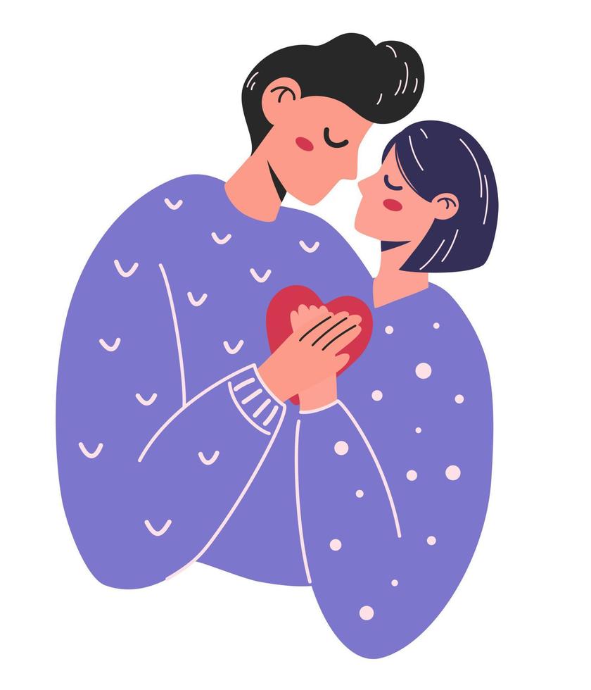 pareja enamorada. una chica y un chico se abrazan y sostienen un corazón. relación, amor, día de san valentín, concepto romántico. ilustración de dibujos animados vectoriales para pancarta, póster, tarjeta, postal. vector