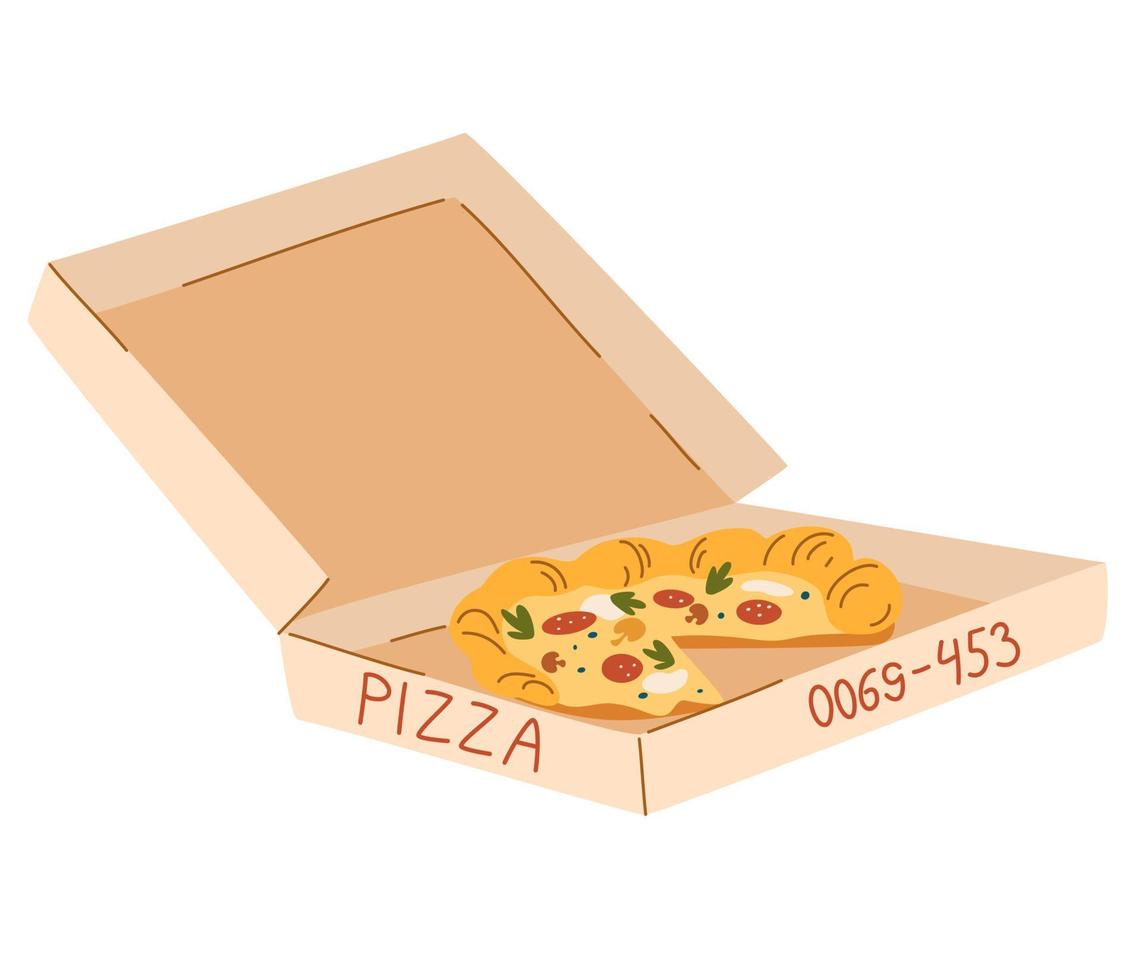 Pizza in cardboard box. Food delivery. Hot Italian fast food. Open carton delivery package. Vector hand draw illustration for prints, posters, flyers and invitations.