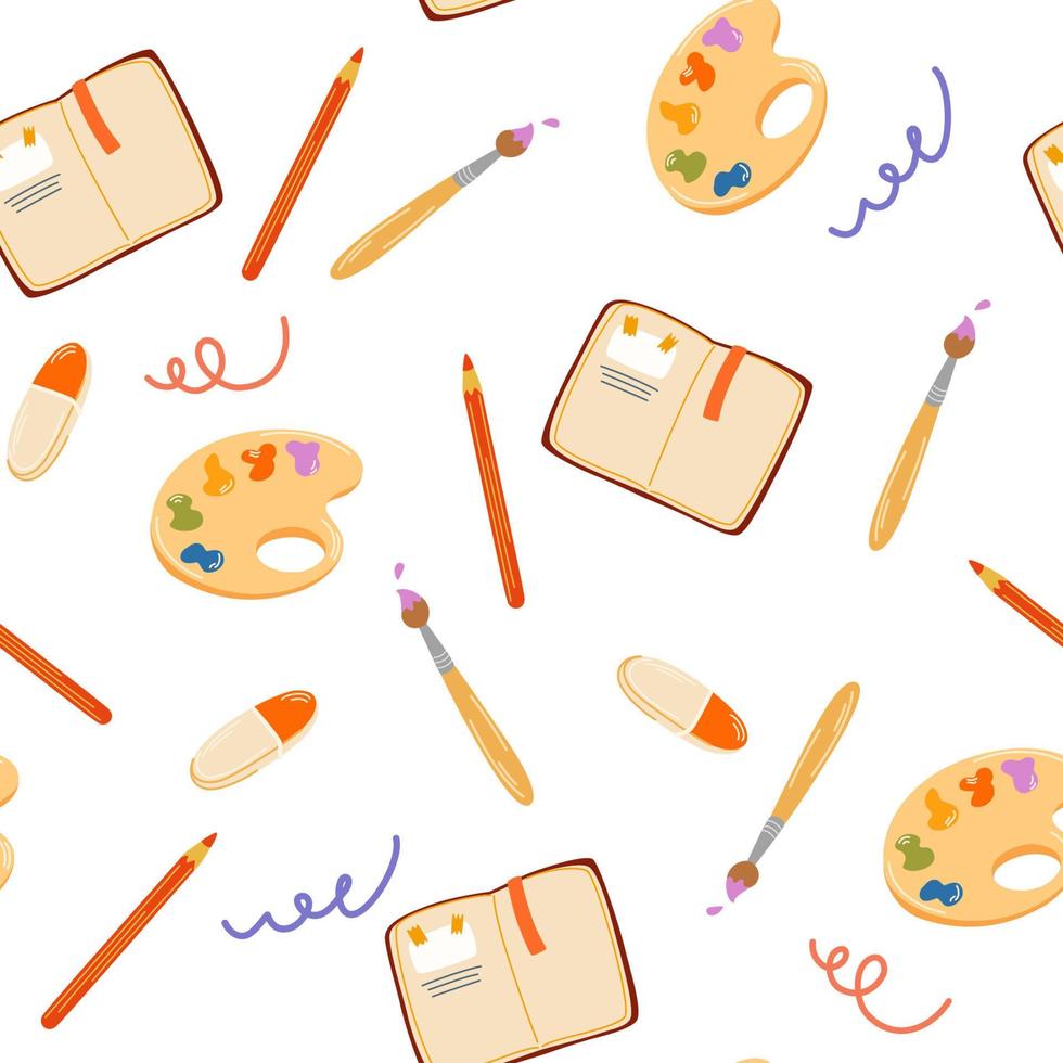 Art supplies seamless pattern. Drawing items, palette of paints, brushes, notepad, pencil, eraser. School background. Perfect for wallpaper, texture concept design. Vector illustration