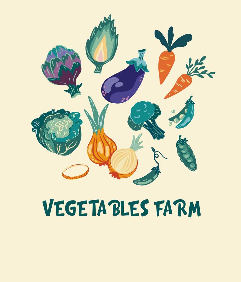 Vegetables set. Eggplant, cabbage, peas, carrots and onions. Fresh farm, organic food. Perfect for printing postcards of shops menus and restaurants. Cartoon Hand draw vector illustration.