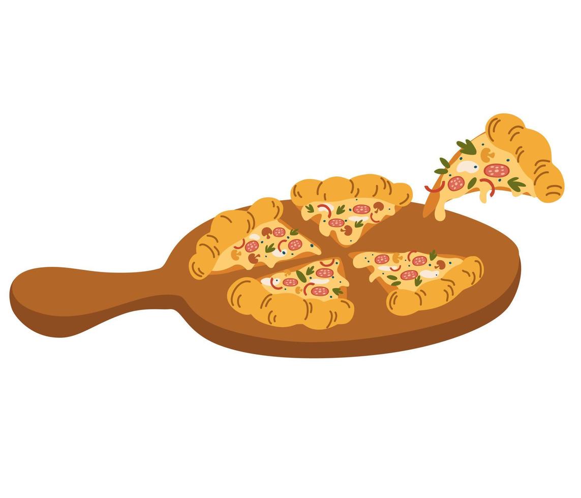 pizza en un soporte de madera. deliciosa pizza con queso mozzarella, salchichas, champiñones, hierbas y pimienta. comida rápida italiana tradicional. vector mano dibujar ilustración de dibujos animados