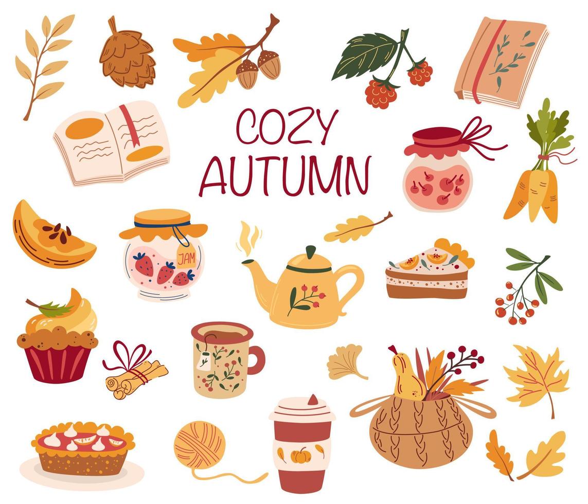 Cozy Autumn items. Herbal tea, pumpkin pie, Berry jam, cakes, cinnamon, book, knitted. Idea of coziness and comfortable lifestyle, winter and autumn mood. Hygge hand drawn vector illustration.