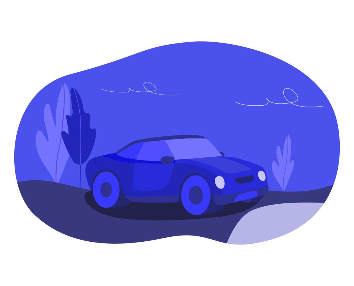 Lonely blue colored car on an empty night road. vector